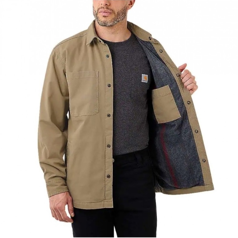 RUGGED FLEX® RELAXED FIT CANVAS FLEECE-LINED SNAP-FRONT SHIRT JACKET NWT SIZE L